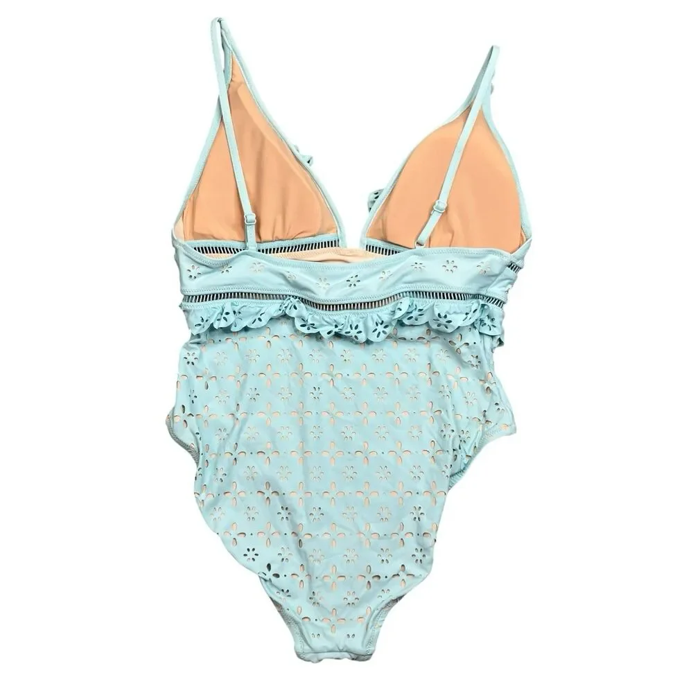 J Crew Eyelet Swimsuit Womens 14 Blue One Piece Ruffle Plunge Scalloped K9136